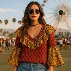 Vintage Y2K Boho Blouse‎ | Mixed Print, Bell Sleeves, Hand Embellished Size M-L